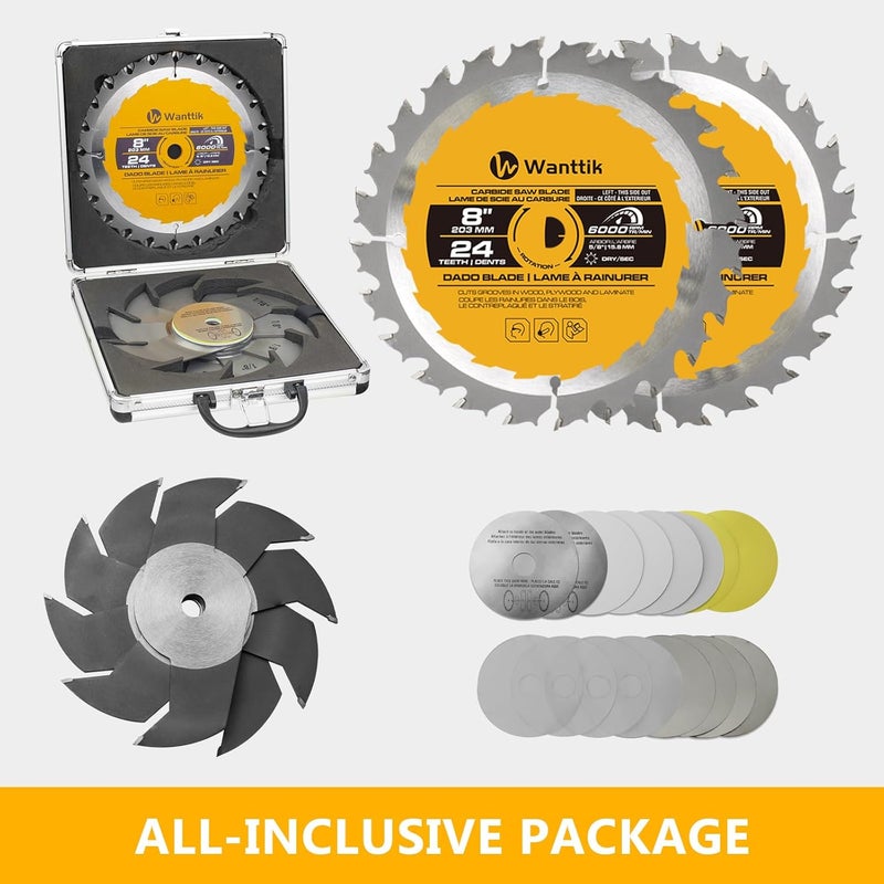 WANTTIK Dado Blade Set, 8 Inch Stacking Dado Blade, 24-Tooth with 5/8-Inch Bore - 23 Pieces for Cutting Various Wood, Plastic and Composite Materials - Image 3